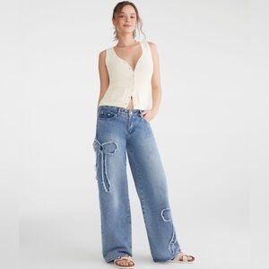 Aeropostale Low-Rise Baggy Wide Leg Frayed Bows Jean NWT Coquette SZ M